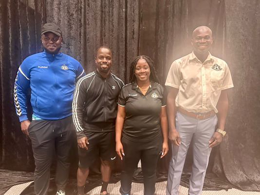 The leaders shaping the future of Bahamian football: Technical Director Bruce Swan, with Centre of Excellence coaches Ricqea Bain, Lesly St. Fleur, and Romario West (Avery Kemp not pictured), united in their mission to cultivate talent and integrity in the sport.