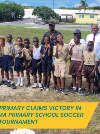 PE Teacher Deven Adderley celebrates with students from the inaugural Exuma Primary School Soccer Tournament as they proudly display their medals. The tournament brought together young players from across Exuma, creating lasting memories of teamwork and sportsmanship. 🏅⚽️