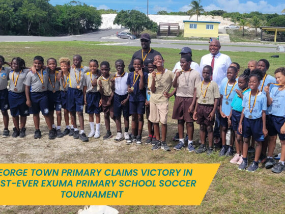 PE Teacher Deven Adderley celebrates with students from the inaugural Exuma Primary School Soccer Tournament as they proudly display their medals. The tournament brought together young players from across Exuma, creating lasting memories of teamwork and sportsmanship. 🏅⚽️