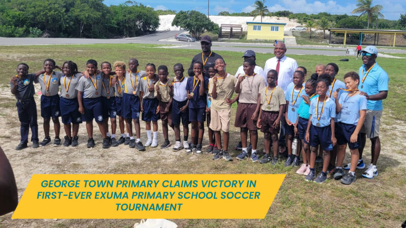 PE Teacher Deven Adderley celebrates with students from the inaugural Exuma Primary School Soccer Tournament as they proudly display their medals. The tournament brought together young players from across Exuma, creating lasting memories of teamwork and sportsmanship. 🏅⚽️